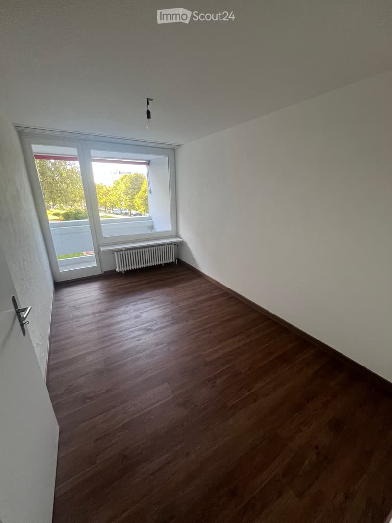 Empty room with wooden flooring, white walls, large window with white frame, radiator, and a single light fixture on the ceiling.