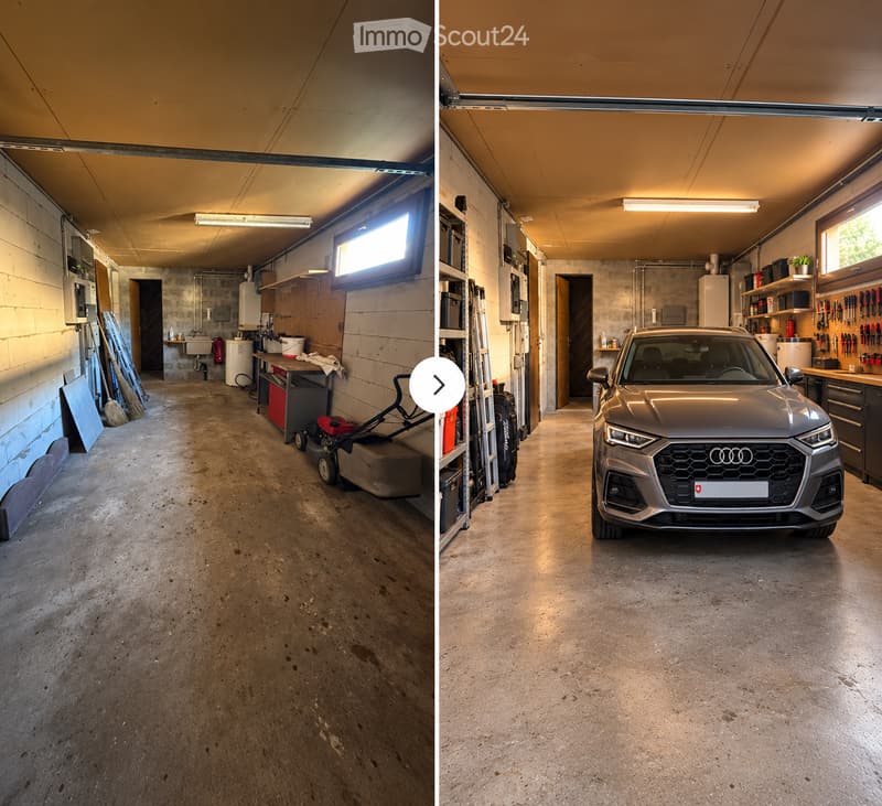 {"visible_features": ["Garage"], "type": "Garage", "objects": [], "description": "Two images of a garage: one empty with tools and storage, and one with a parked Audi car, shelves, and storage items.", "localized_descriptions": {"EN": "Two images of a gar