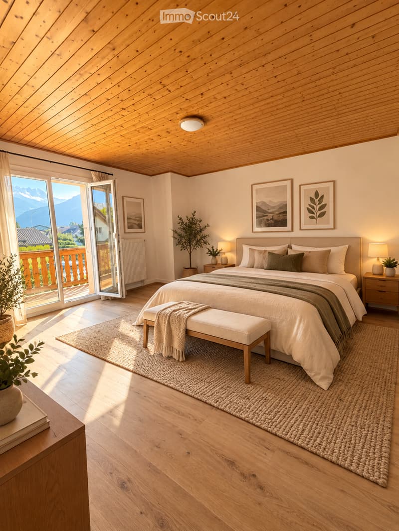 Bright bedroom with wooden floors, slanted wooden ceiling, large window with mountain view, bed with pillows and blankets, nightstands, bench, and decorative plants.