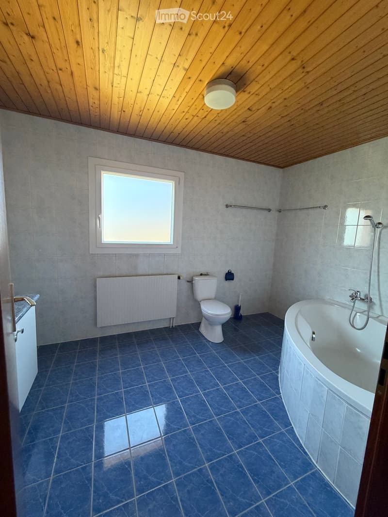 Bathroom with blue tiled floor, white tiled walls, a toilet, a bathtub, a radiator, a window, and a showerhead.