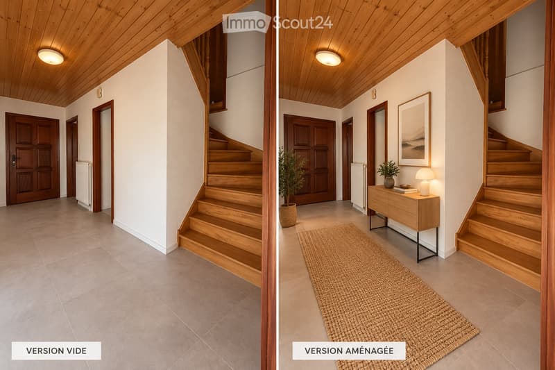 A modern hallway with wooden stairs, a wooden table with a lamp, a mirror, a potted plant, and a woven rug.
