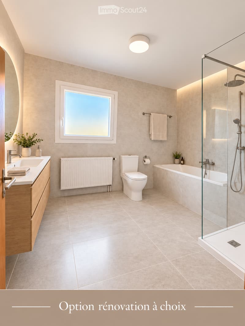 Modern bathroom with beige tiles, a large window, a sink with a wooden cabinet, a toilet, a bathtub with a glass shower enclosure, and a towel rack.