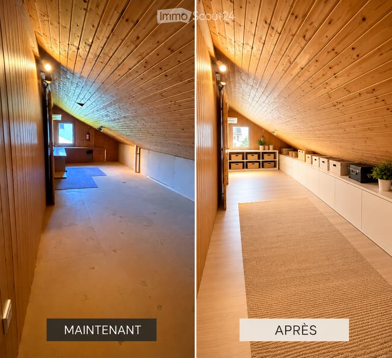 Before and after images of an attic space with wooden ceilings and floors. The before image shows an empty, unfinished attic with exposed wooden beams and a small window. The after image displays the same space fully furnished with built-in storage units,