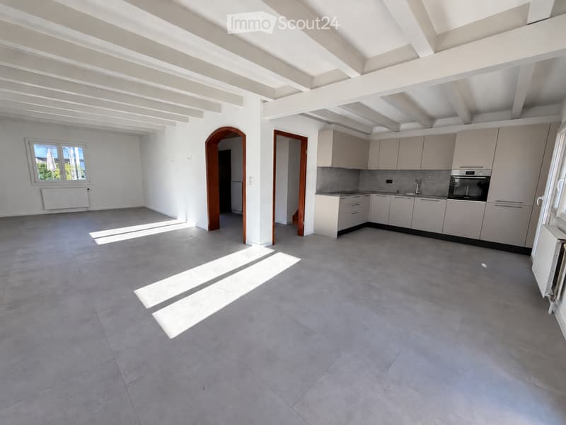 Open-plan space with a modern kitchen area featuring light-colored cabinets and stainless steel appliances, connected to a larger living area with large windows and wooden beams on the ceiling.
