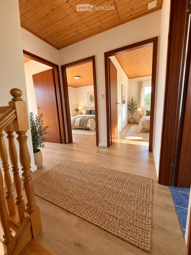 Spacious hallway with wooden flooring, a large woven rug, and open doors leading to two bedrooms, each featuring beds, nightstands, and lamps.