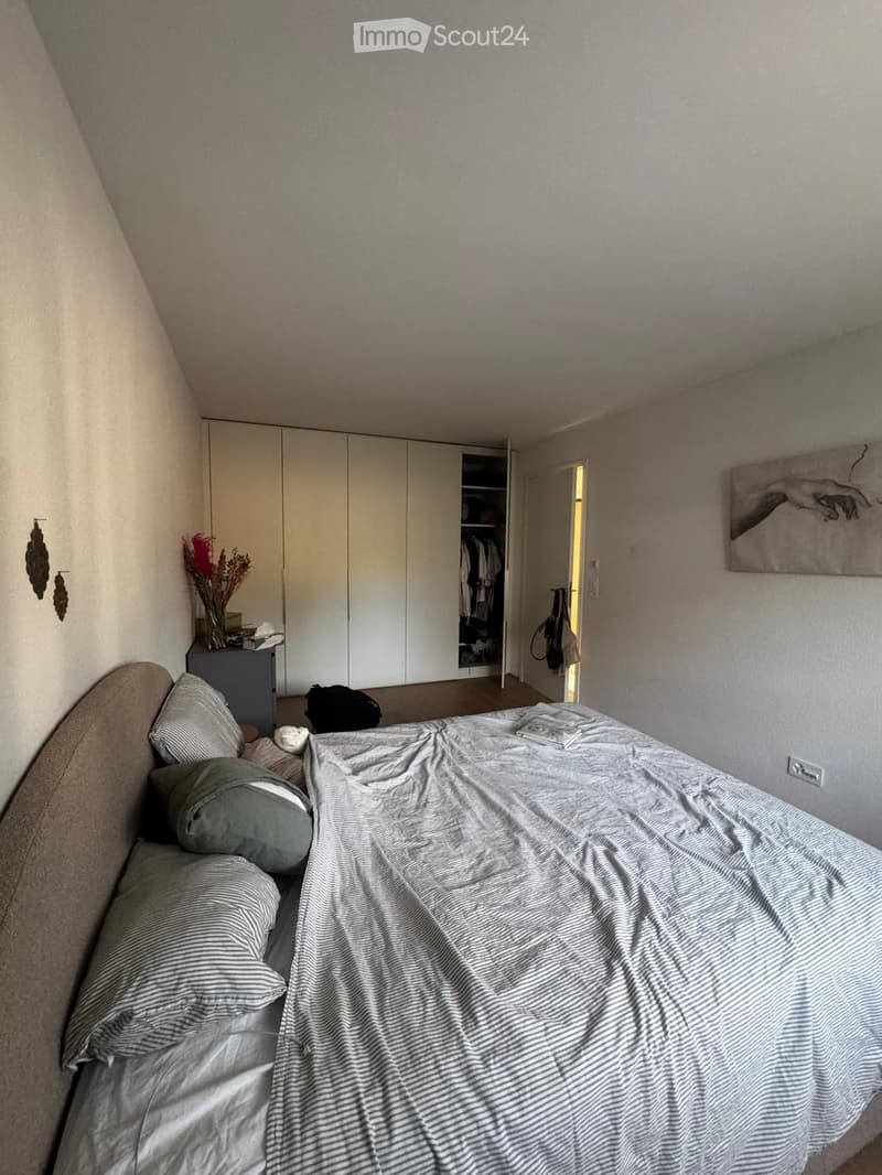 A modern bedroom with a large bed, pillows, a wardrobe, a vase with flowers, and a picture frame on the wall.