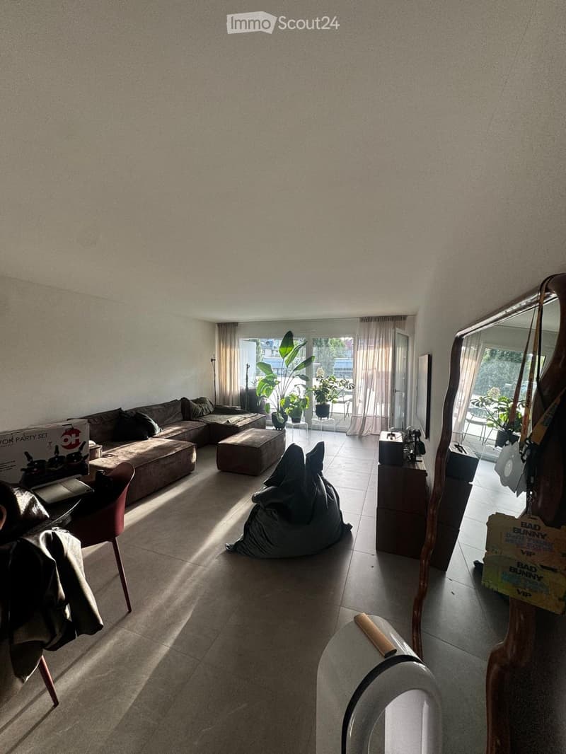 Modern living room with a large sectional sofa, ottoman, beanie bag chair, and a wooden side table with a mirror. The room features large windows with curtains and several potted plants, creating a bright and inviting atmosphere.