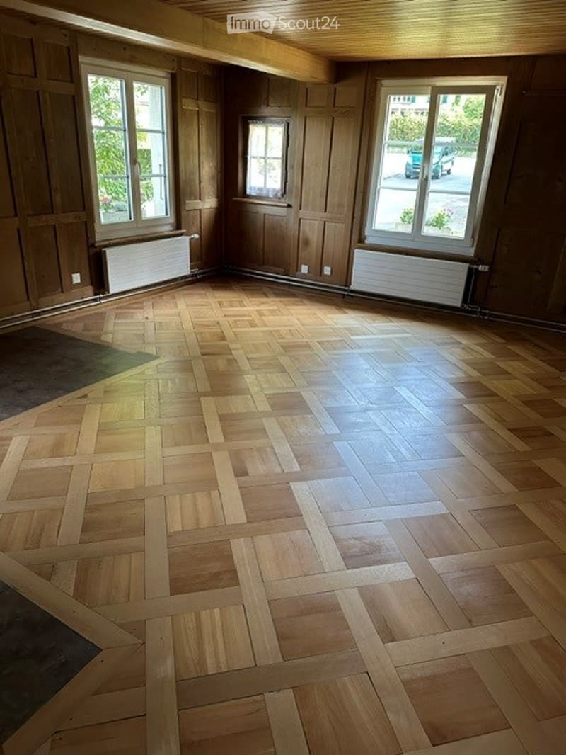 Empty room with wooden panel walls and herringbone parquet flooring, two windows with white frames, radiators beneath the windows, and a small green rug in one corner.