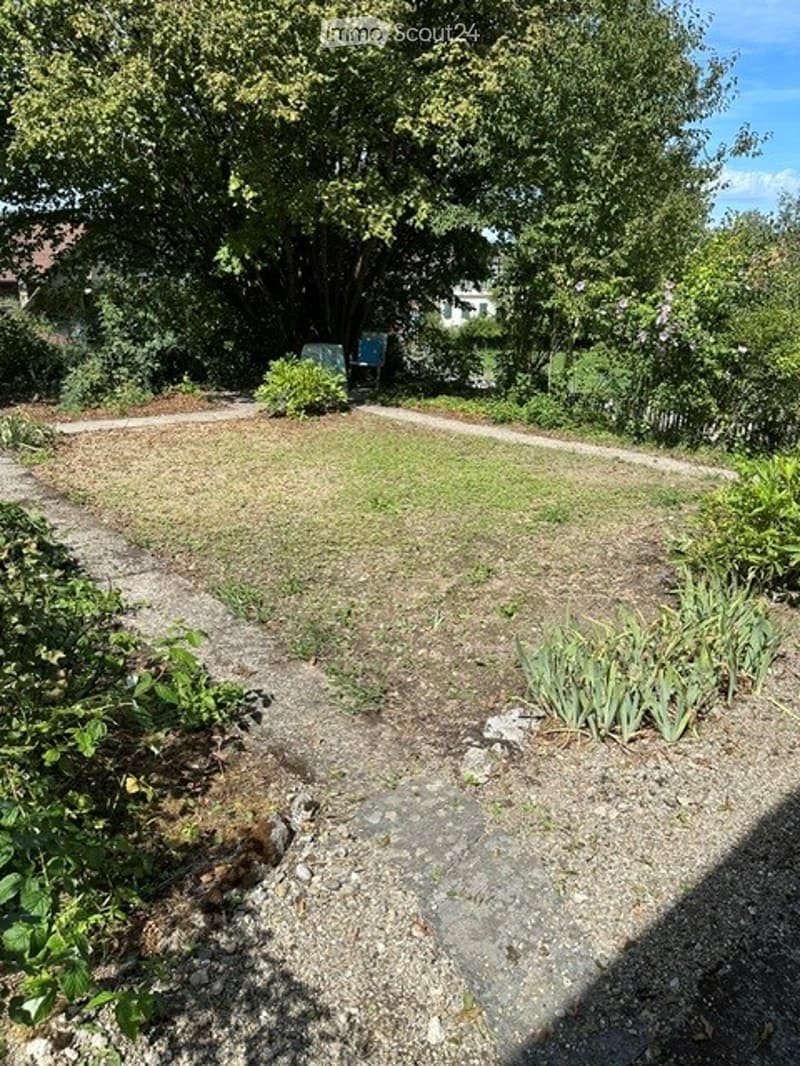 Garden area with grass, gravel path, and some plants. There are trees and a house visible in the background.
