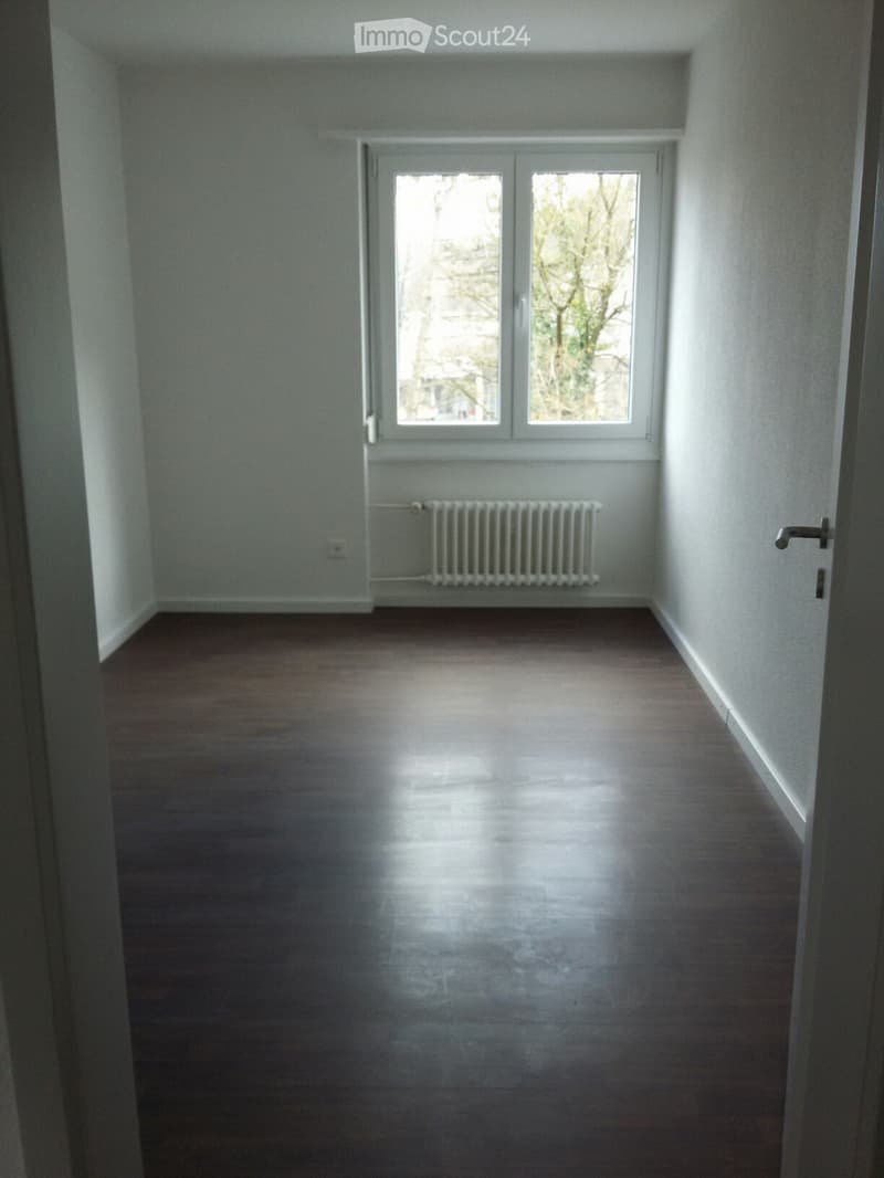 Empty room with wooden flooring, white walls, a window with white frame, and a radiator below the window.