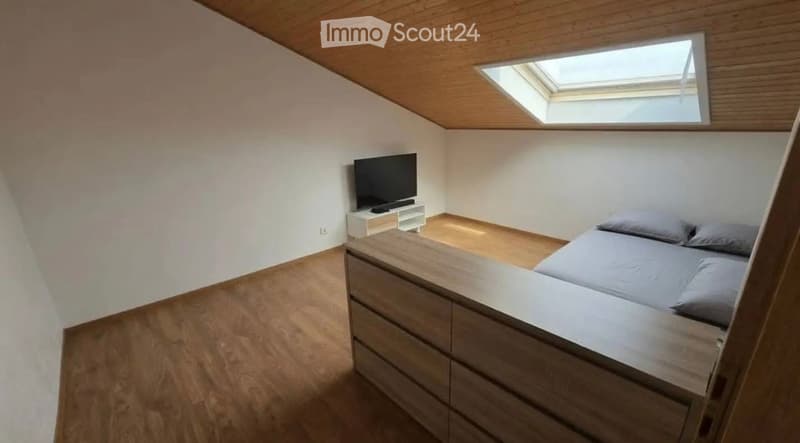 Cozy bedroom with wooden flooring, slanted wooden ceiling, skylight window, bed with pillows, nightstand, and television.