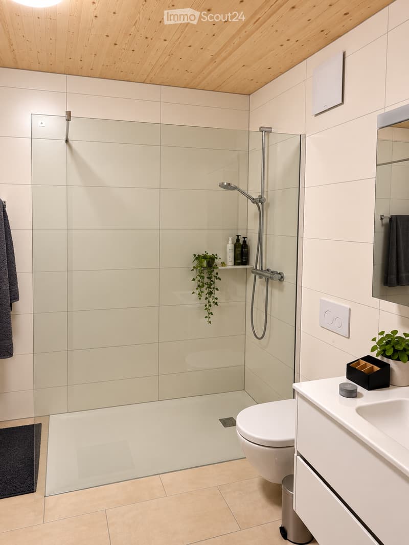 Modern bathroom with a glass-enclosed shower, toilet, sink, and mirror. Features include a wooden ceiling, beige tiles, and decorative plants.