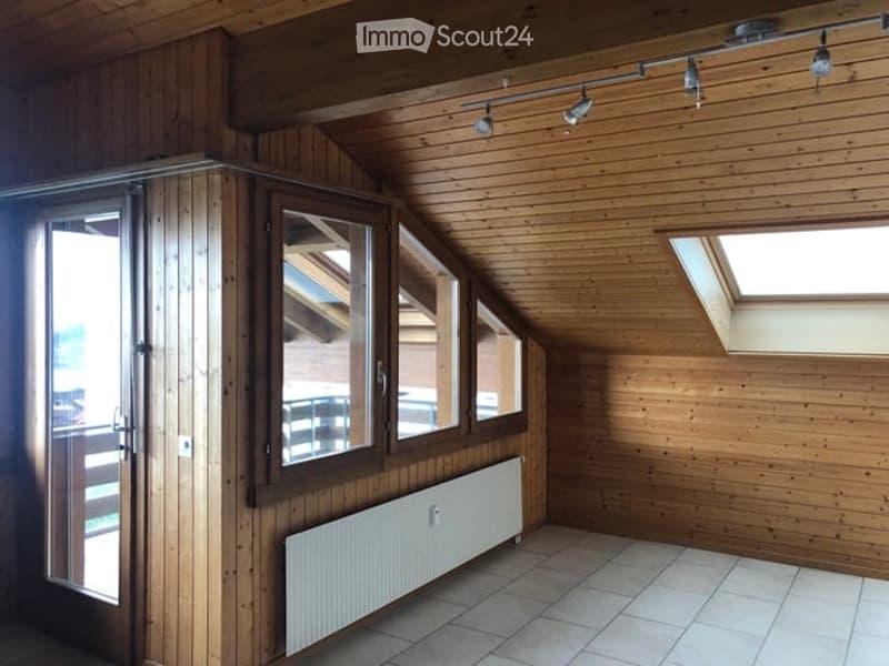 Bright, wooden-paneled attic room with large windows and a skylight, featuring a radiator and a sliding door leading to a balcony.