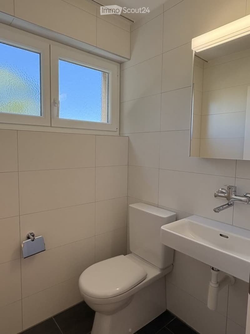 Modern bathroom with white tiled walls, a toilet, a sink with a chrome faucet, and a mirror with built-in lighting. The room features a window with frosted glass panes.