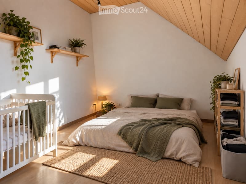 Cozy bedroom with a large bed, nightstand, lamp, and shelves holding potted plants and books. A small crib with a blanket and toy is visible on the left side.