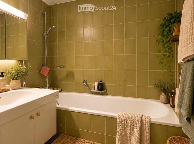 Bathroom with green tiled walls, a bathtub, a sink, a mirror, and decorative plants. Towels and toiletries are neatly arranged on the side.