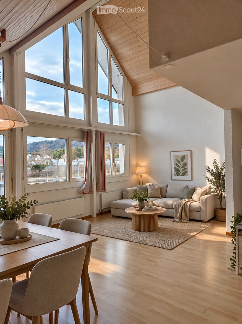 Bright, airy living and dining area with wooden floors, large windows, a grey sectional sofa, a round coffee table, a dining table with chairs, and decorative plants.