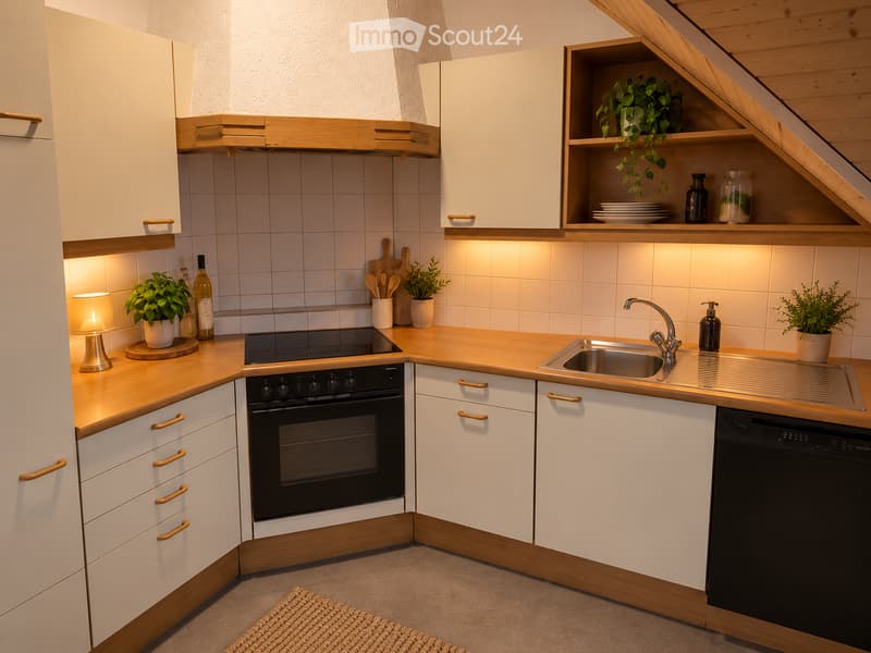 Modern kitchen with white cabinets, wooden countertops, built-in oven, sink, dishwasher, and decorative plants.