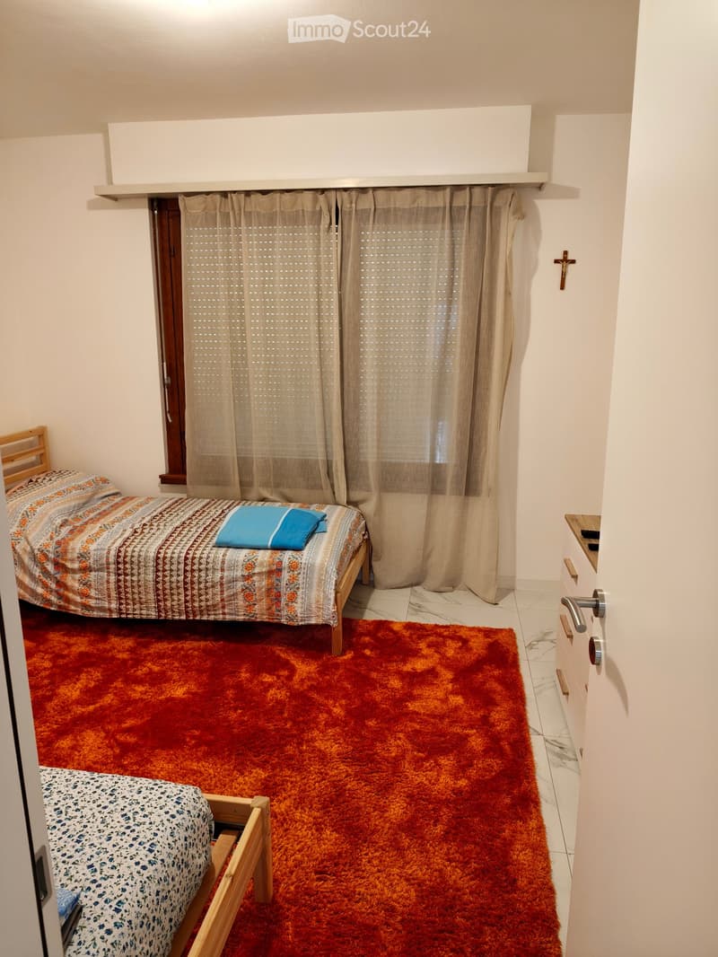 Cozy bedroom with two single beds, a red shag rug, and a window with beige curtains.