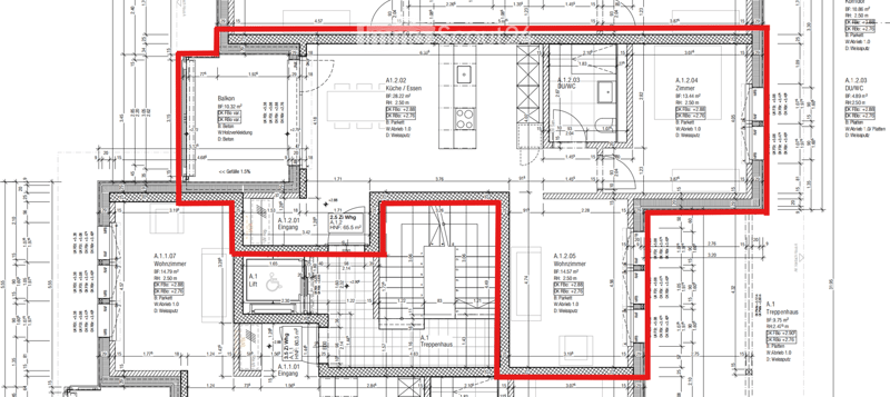 Floor plan of a multi-room apartment with labeled rooms including living room, kitchen, bedrooms, bathrooms, and a balcony.