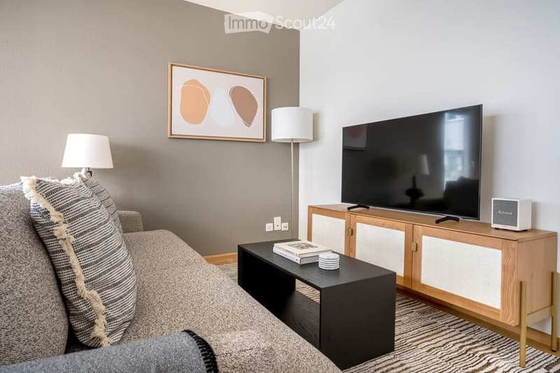 Modern living room with a grey sofa, coffee table, floor lamps, flat-screen TV on a wooden stand, and a decorative picture frame on the wall.