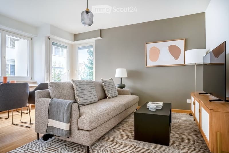 Modern living room with a grey sofa, coffee table, chairs, table lamp, television, sideboard, and picture frame on the wall.