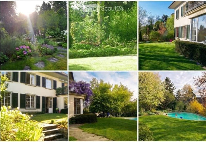 A collage of six images showcasing various garden and outdoor areas, including well-maintained lawns, flower beds, trees, a swimming pool, and a house with a balcony.