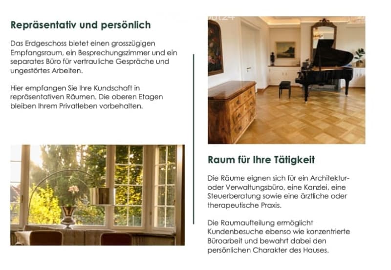 Spacious room with large windows, wooden floor, piano, cabinet, sofa, table, and vase.