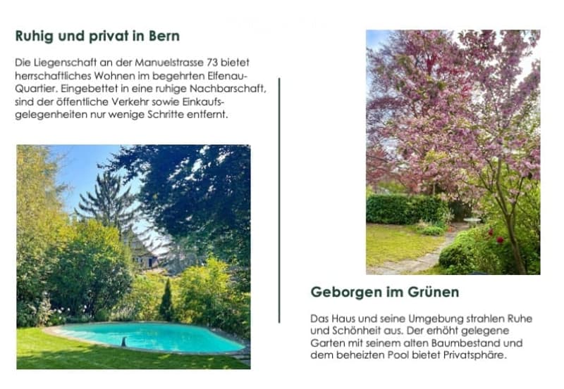 Garden with a swimming pool, trees, and a pathway.
