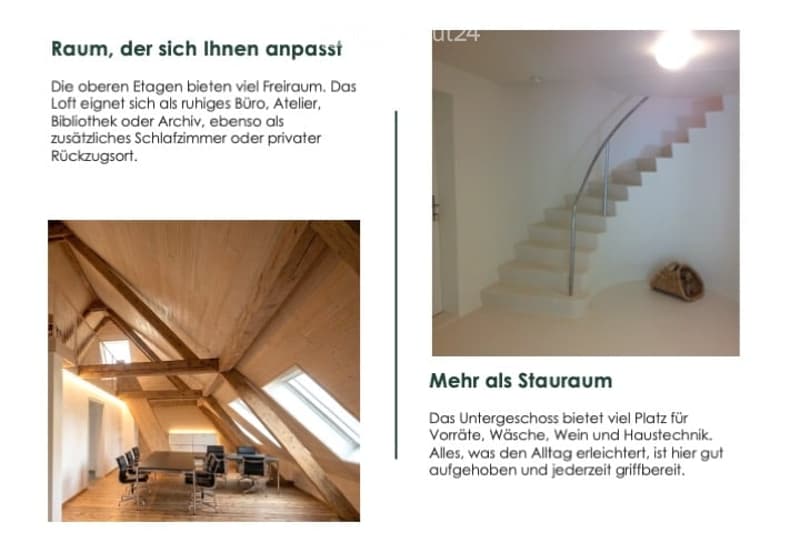 Image shows a modern, minimalist staircase with white walls and a sleek metal railing, leading to an open loft area with wooden beams and large windows.