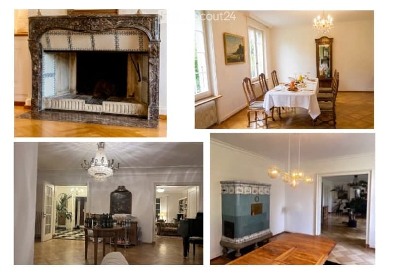 Four images show a furnished room with a fireplace, dining area, chandelier, piano, and cabinet. The room features wooden flooring, large windows, and decorative elements.