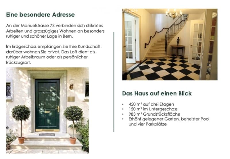 Brochure page showing a house exterior and an interior view. The exterior features a green front door, potted plants, and a classic facade. The interior shows a grand staircase with a chandelier, checkered flooring, and a small table with a decorative ite