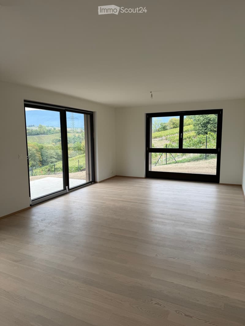 Empty room with wooden flooring, large windows, and a view of a vineyard and countryside.