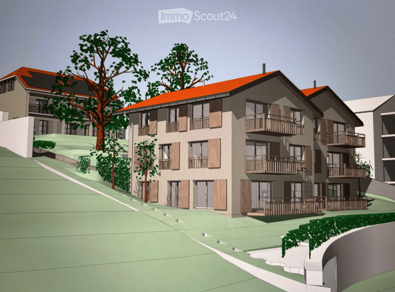 A multi-story residential building with balconies, orange-tiled roofs, and surrounding greenery.