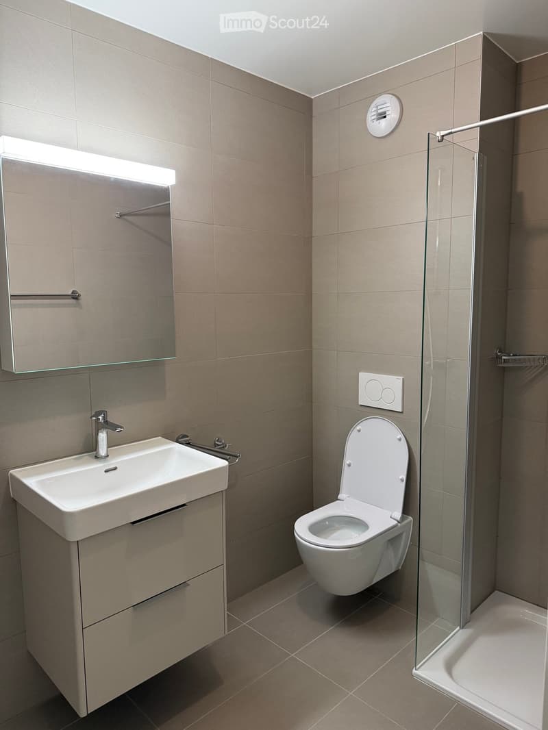 Modern bathroom with a white sink, chrome faucet, toilet, glass shower enclosure, and built-in mirror with lighting.