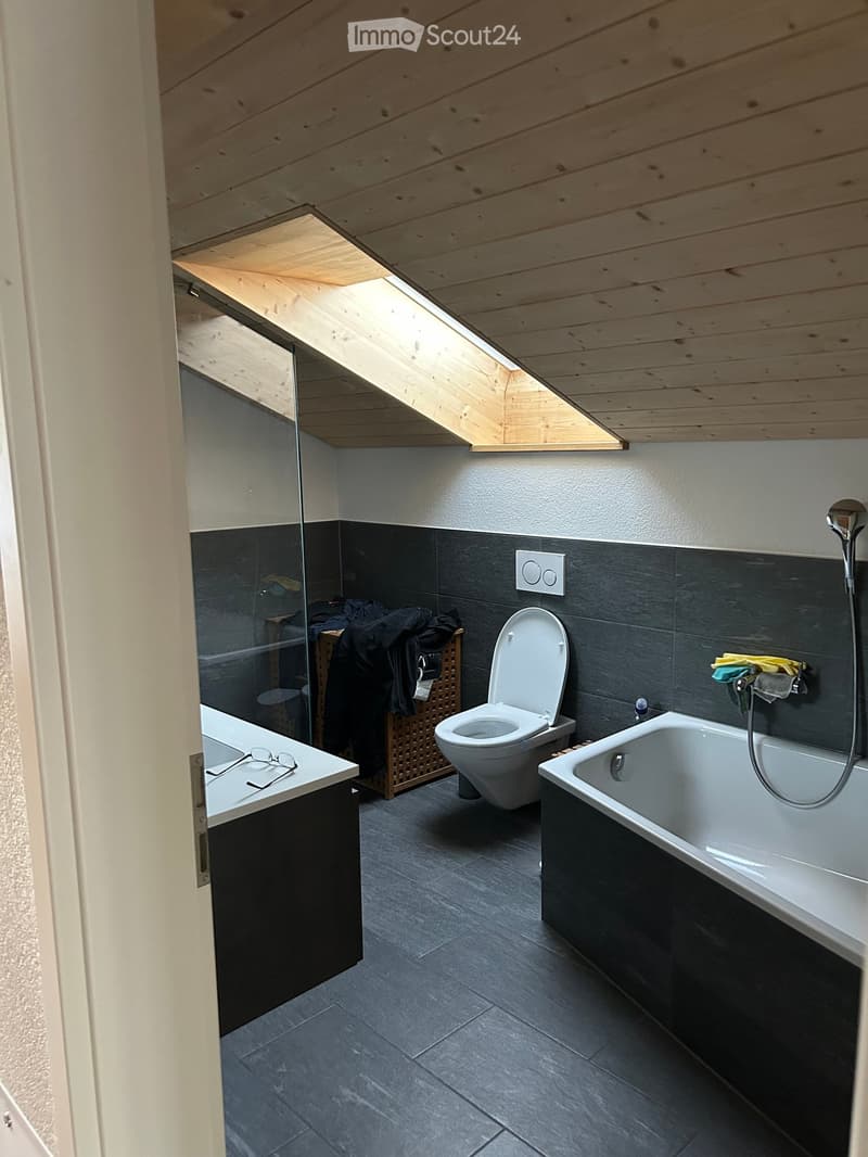 Modern bathroom with dark grey tiles, a bathtub, toilet, sink, and a mirrored cabinet. Features a skylight window and a wooden shelf with folded clothes.
