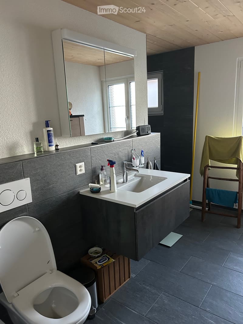 Modern bathroom with a toilet, sink, mirror, and various toiletries on the counter. Grey tiles and wooden elements are visible.