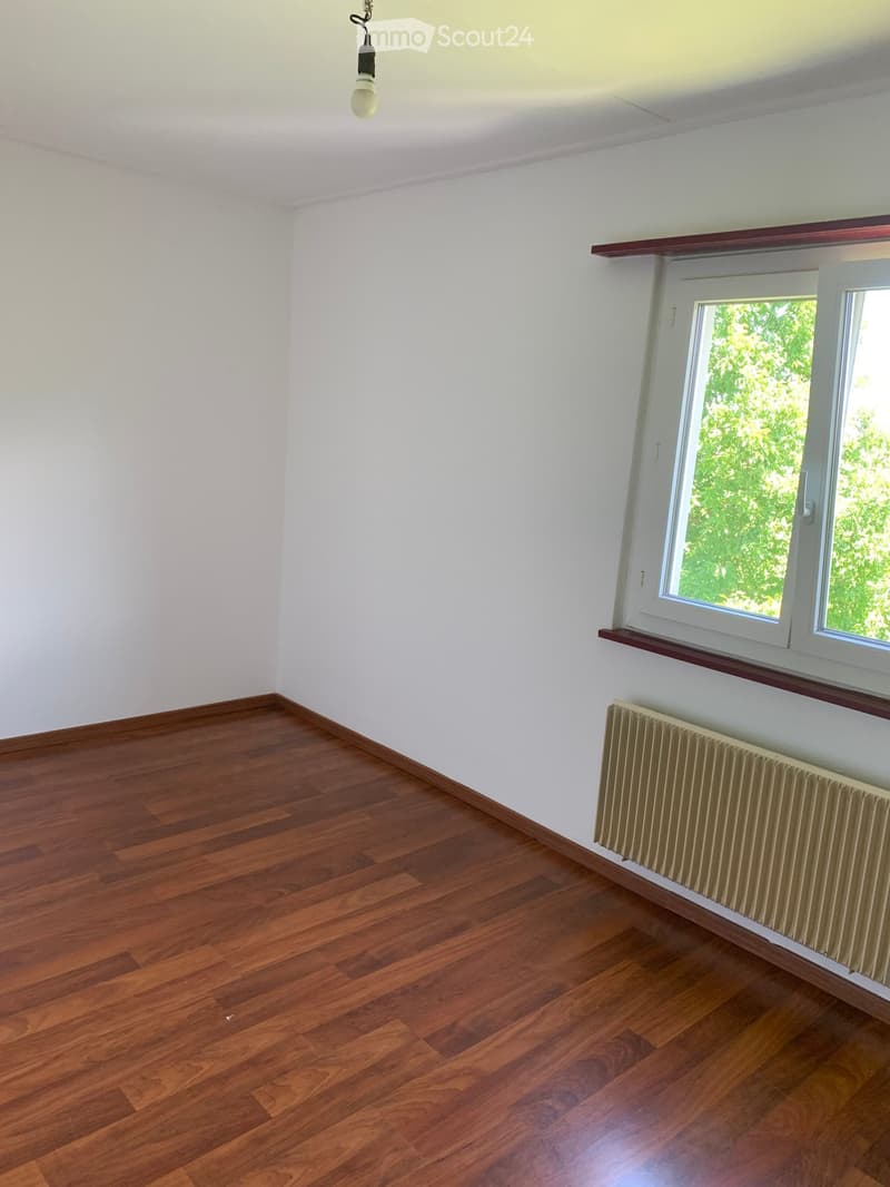 Empty room with wooden flooring, white walls, a window with white frame, radiator, and a hanging light fixture.