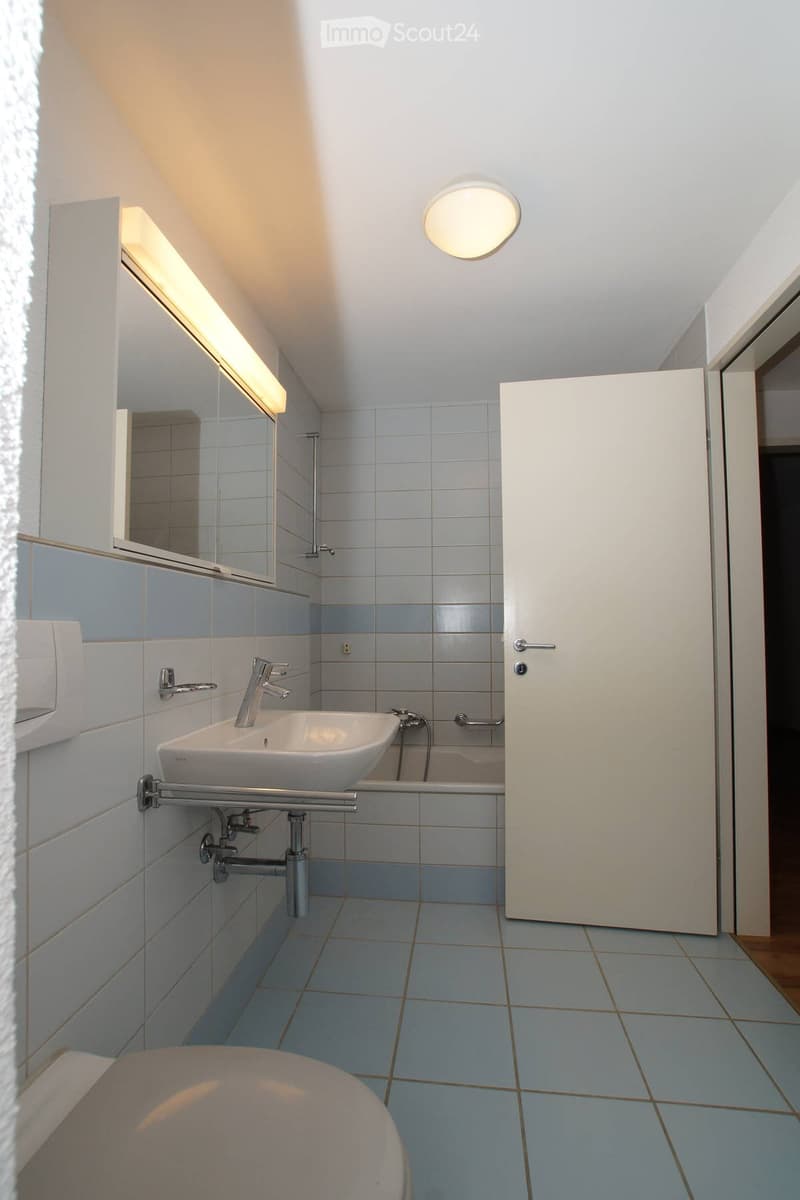 bathroom with white sink, mirror, bathtub, blue tiled walls and floor, a toilet, tissue holder, and a ceiling lamp