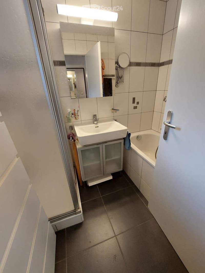Modern bathroom with a white sink, bathtub, large mirror, and cabinet. The floor is tiled, and the walls are tiled with a decorative border.
