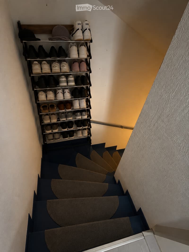 A staircase with dark blue carpeted steps and a shoe rack on the wall holding multiple pairs of shoes and hats.