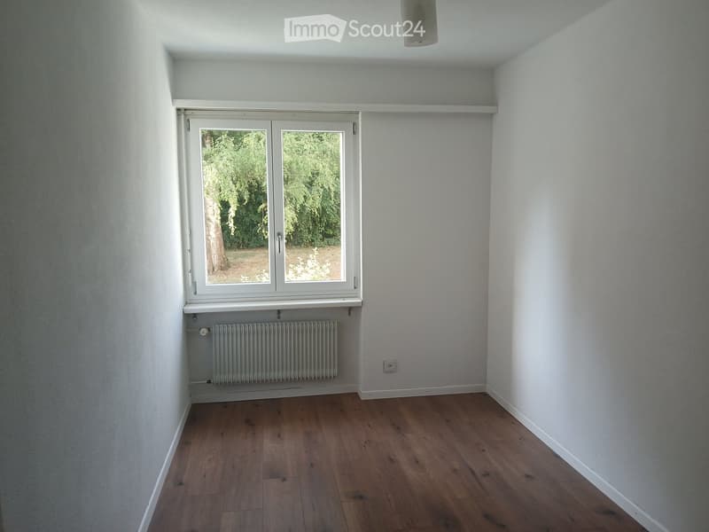 Empty room with wooden flooring, white walls, large window with view of greenery, radiator, and a ceiling light fixture.