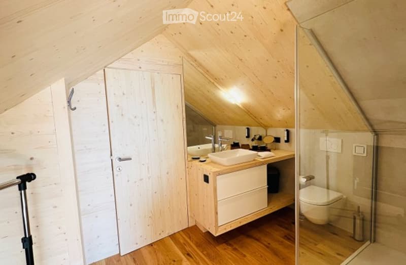 Cozy attic bathroom with wooden walls and slanted ceilings, featuring a white sink, mirror, and a glass-enclosed shower area.