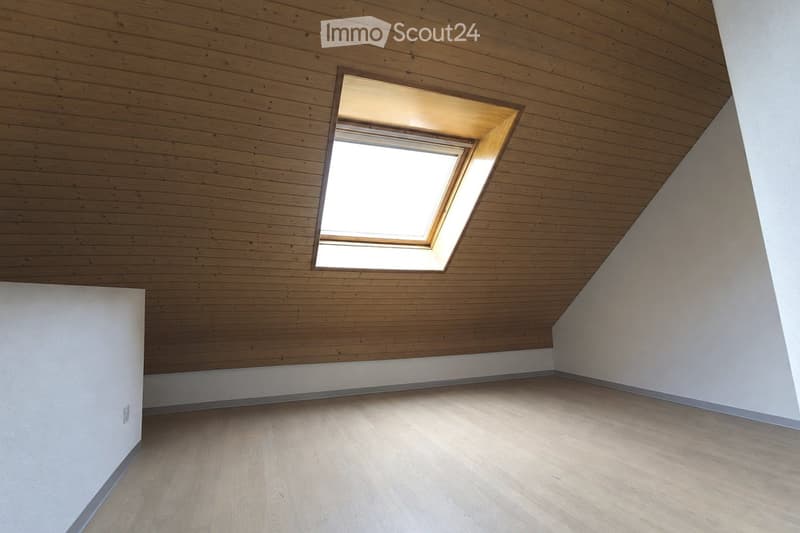 Empty room with wooden walls and ceiling, light wooden floor, and a skylight window letting in natural light.