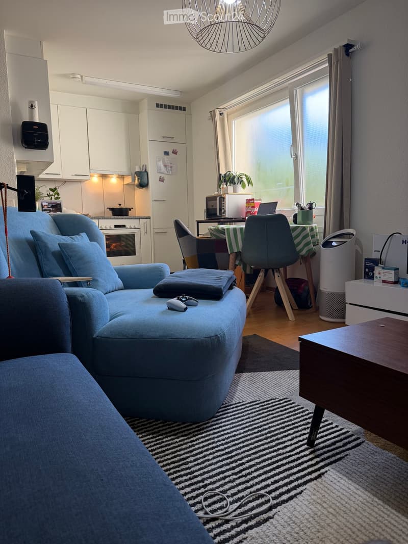 A modern living room with a blue sofa, coffee table, dining area with a table and chairs, kitchen area with appliances, and a large window with curtains.