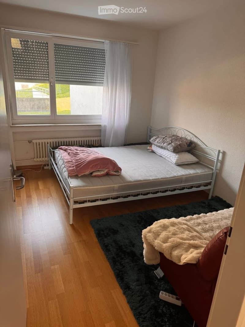A small bedroom with a single bed, pillows, a blanket, and a fluffy throw on a dark rug. The room has wooden flooring and large windows with blinds.