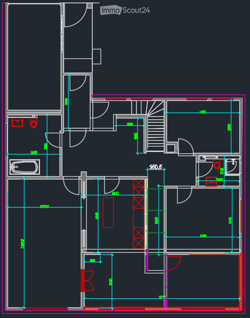 Floor plan of a multi-room residential space, including living room, dining area, kitchen, bedrooms, bathrooms, and hallway.
