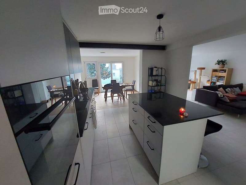 Open-plan living and dining area with modern kitchen island, sofa, dining table, chairs, and cat tree.