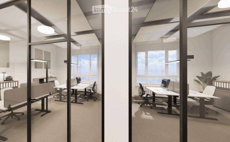 Modern office space with large windows, white desks, ergonomic chairs, and a potted plant. The room features a sleek design with glass partitions and contemporary lighting.