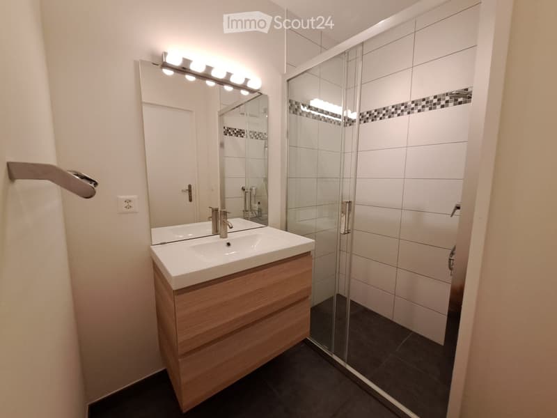 Modern bathroom with a white sink, wooden cabinet, large mirror with LED lighting, and a glass-enclosed shower with white tiles.